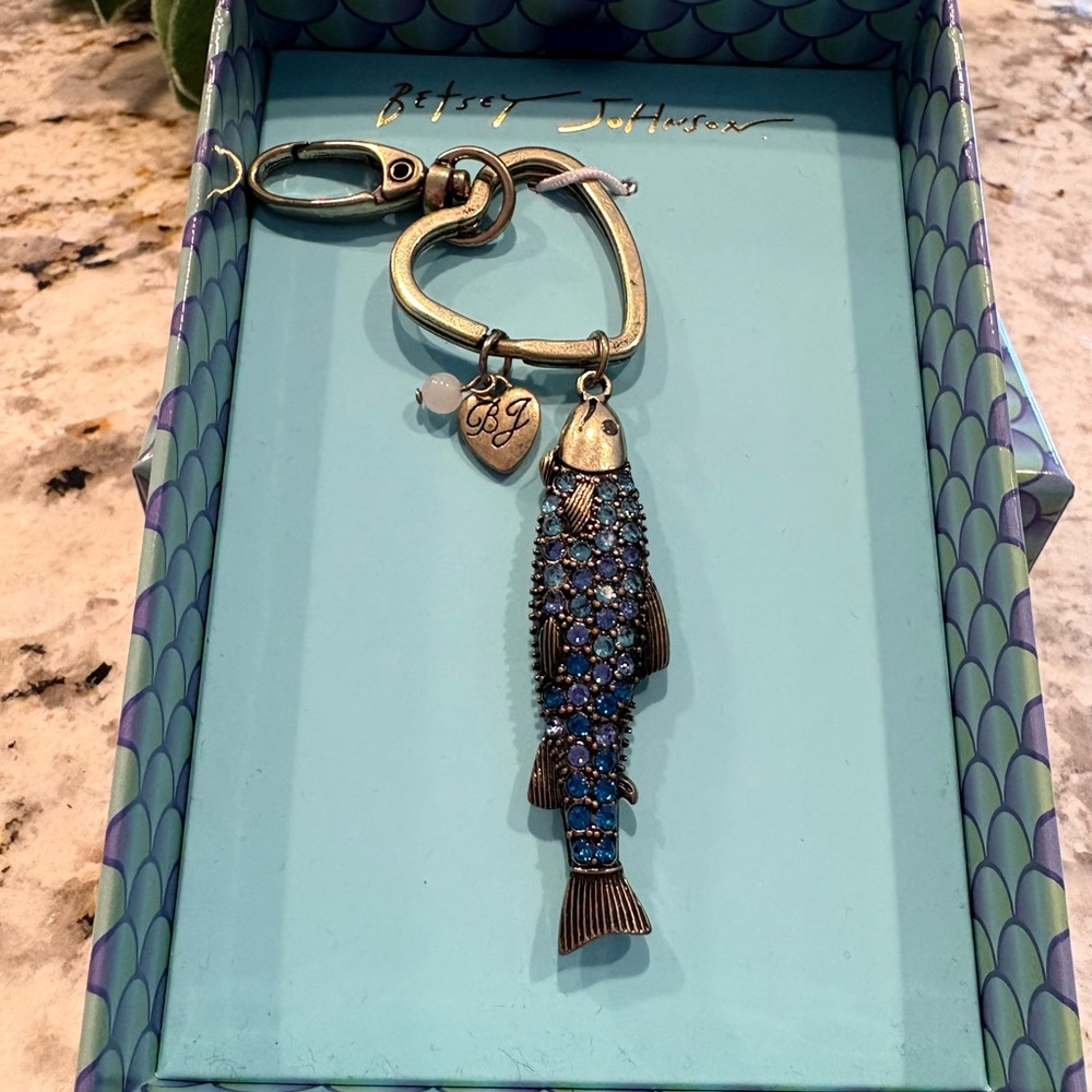 Viral Betsey Johnson Blue Crystals Fish Sardine Bag Charm Keychain NIB